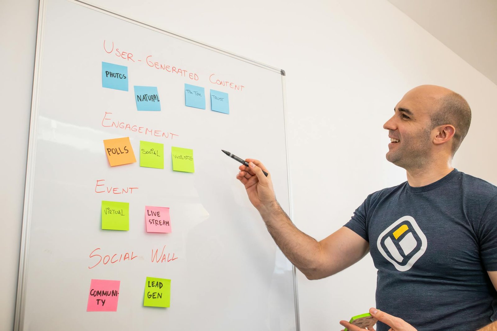 smiling man standing by whiteboard